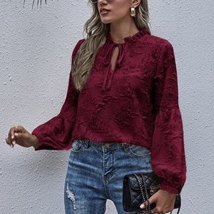 Boho burgundy front tie fuzzy blouse